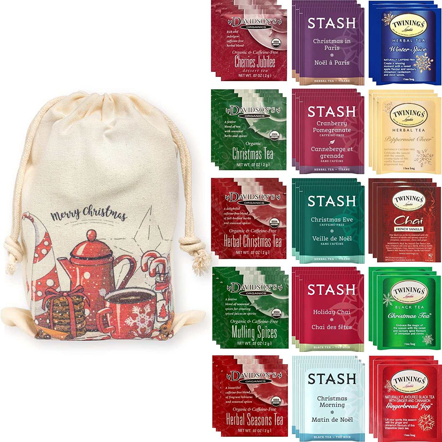 Holiday Tea Bag Sampler Gift Set - Christmas Seasonal Variety Collection, 45 count, 15 flavors