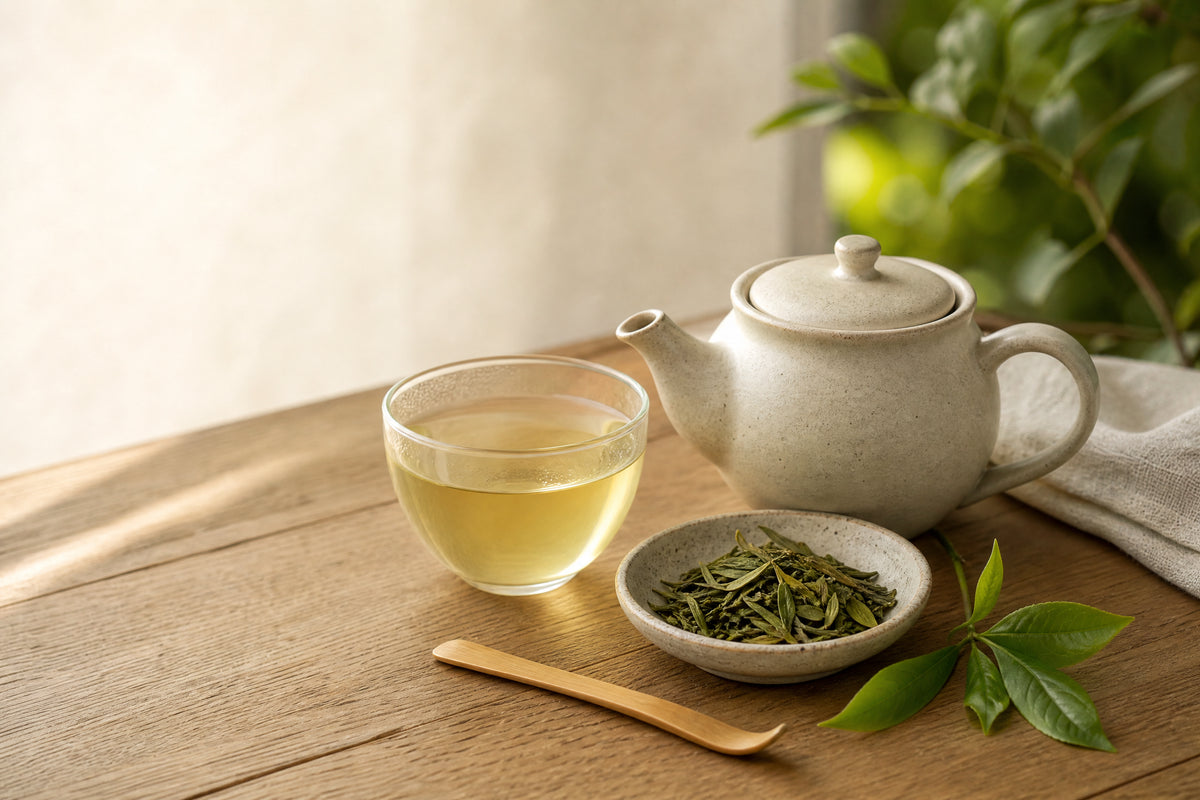 Loose green tea leaves, a ceramic teapot, and a cup of pale green tea on a wooden table