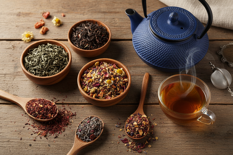Assorted loose leaf teas in bowls and a brewed cup