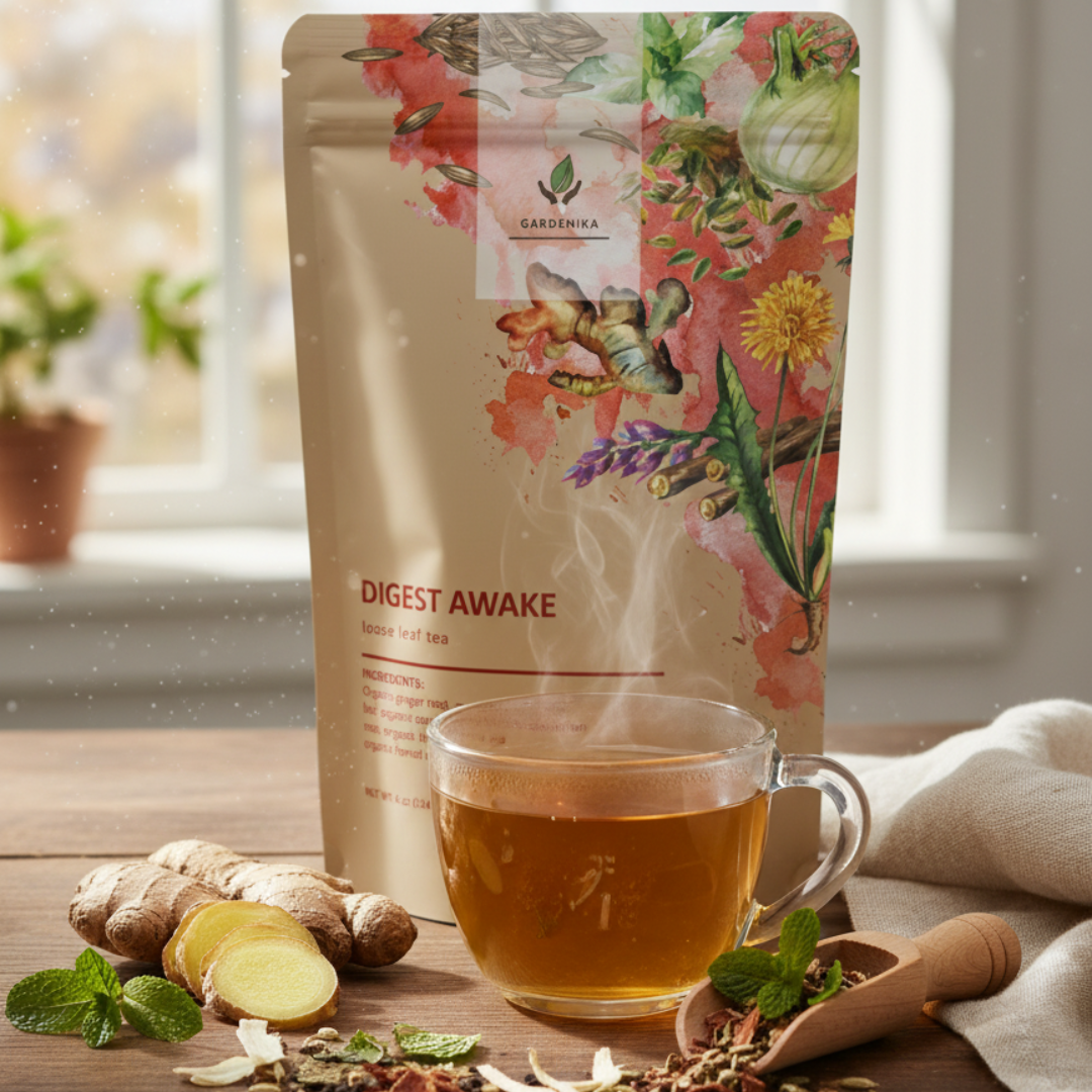 Organic herbal digestive support tea with ginger, fennel, and peppermint