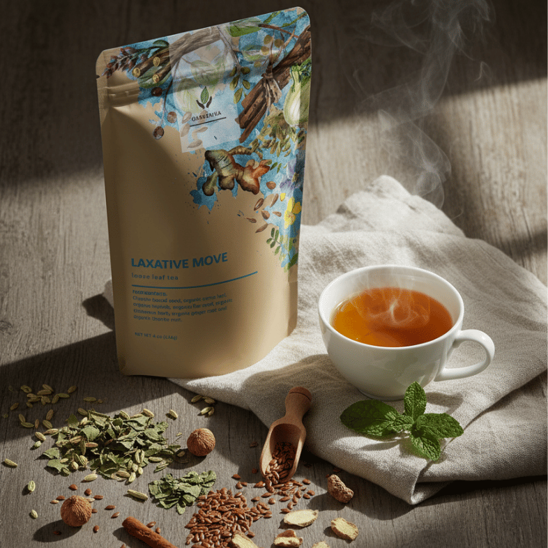 Tea package labeled 'Laxative Move' with a cup of tea and tea leaves on a wooden surface.
