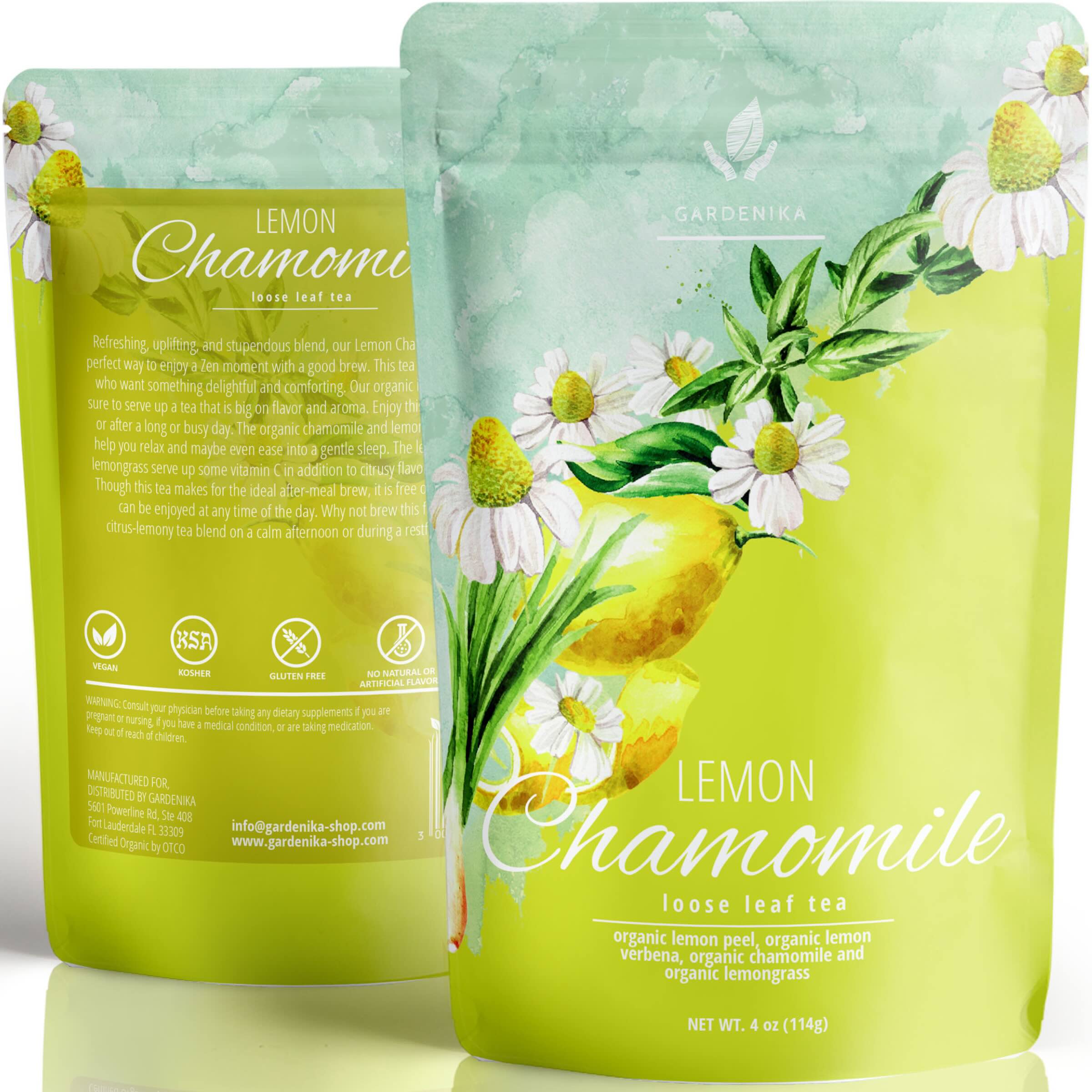 Two packages of Lemon Chamomile loose leaf tea with floral design on a light green background.