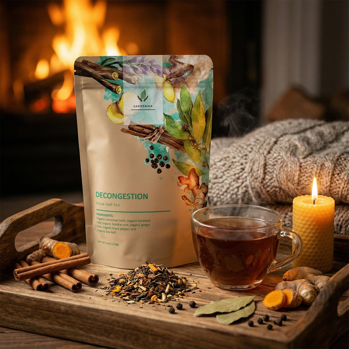 Herbal decongestion tea loose leaf – organic turmeric, cinnamon, licorice, ginger – caffeine-free Ayurvedic blend in 4oz pack