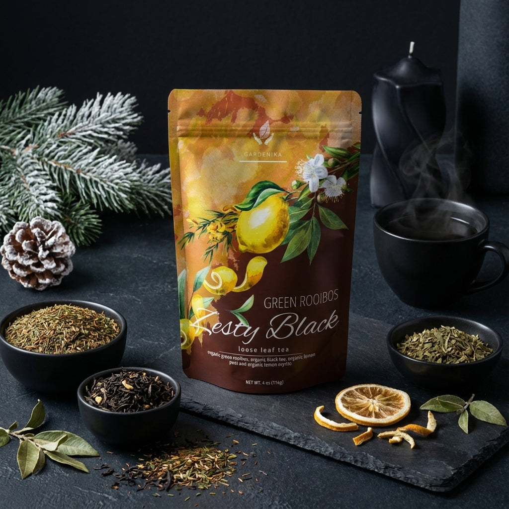 Tea packaging with tea leaves and a cup on a dark surface