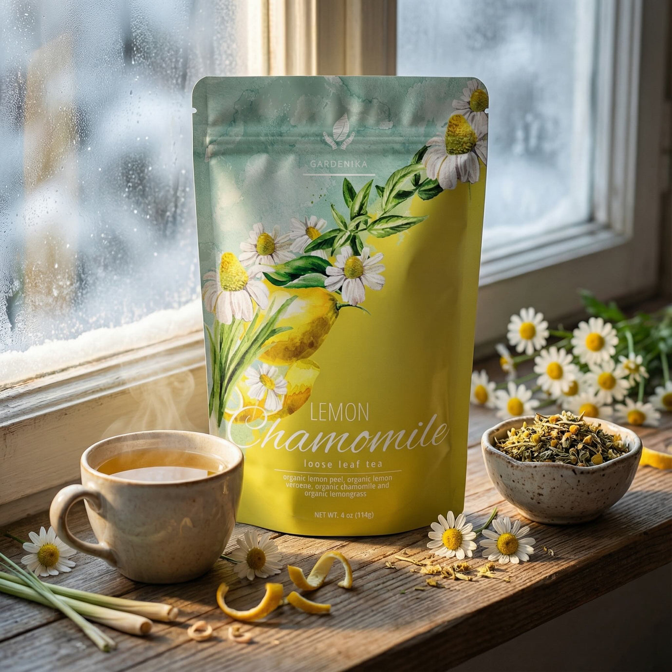 Lemon chamomile tea package with a cup of tea and dried herbs on a wooden surface.