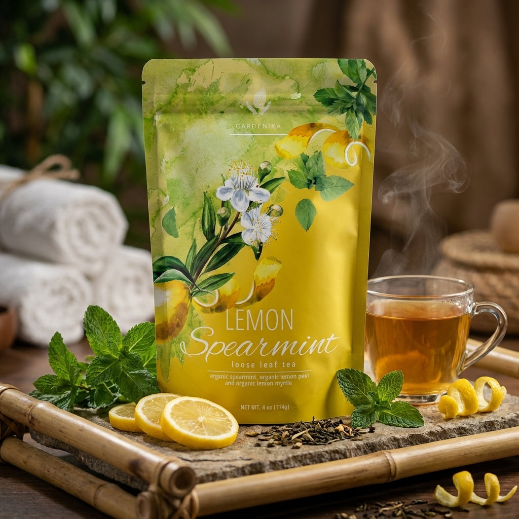 Refreshing herbal Lemon Spearmint tea served hot in a bright natural setting