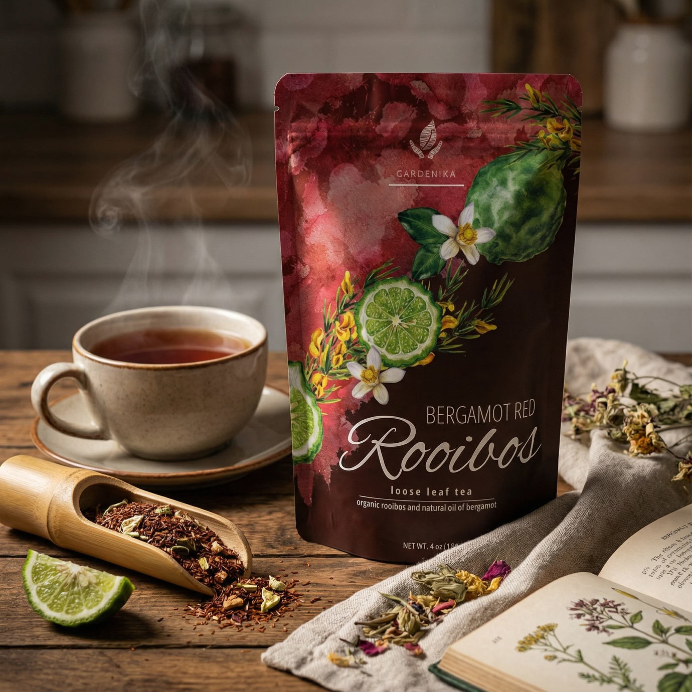 rooibos red loose leaf with a cup of tea and tea leaves on a wooden table