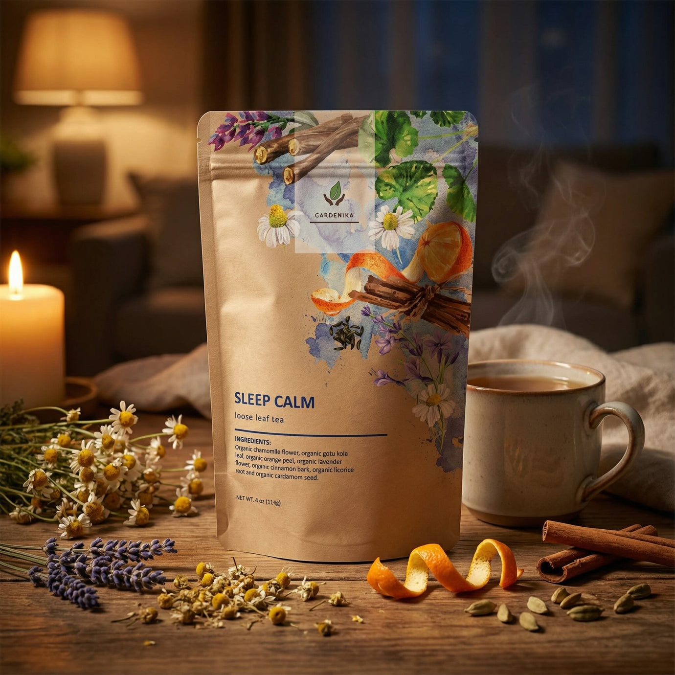 Sleep Calm tea package on a wooden table with a cup of tea, candles, and herbs.
