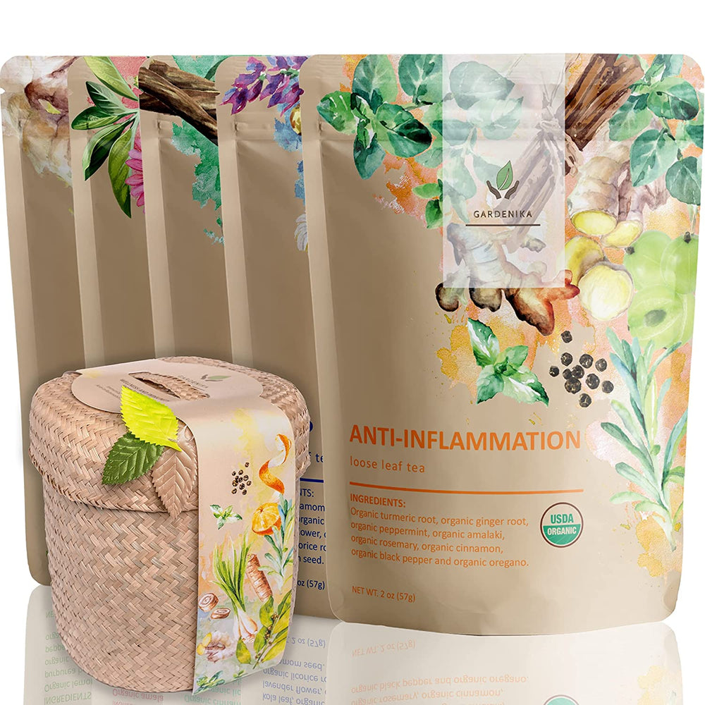 Loose Leaf Herbal Tea Gift Set, USDA Organic, Caffeine Free, Ayurvedic, Wellness & Immune Support 120+ Cups – 5 Pack
