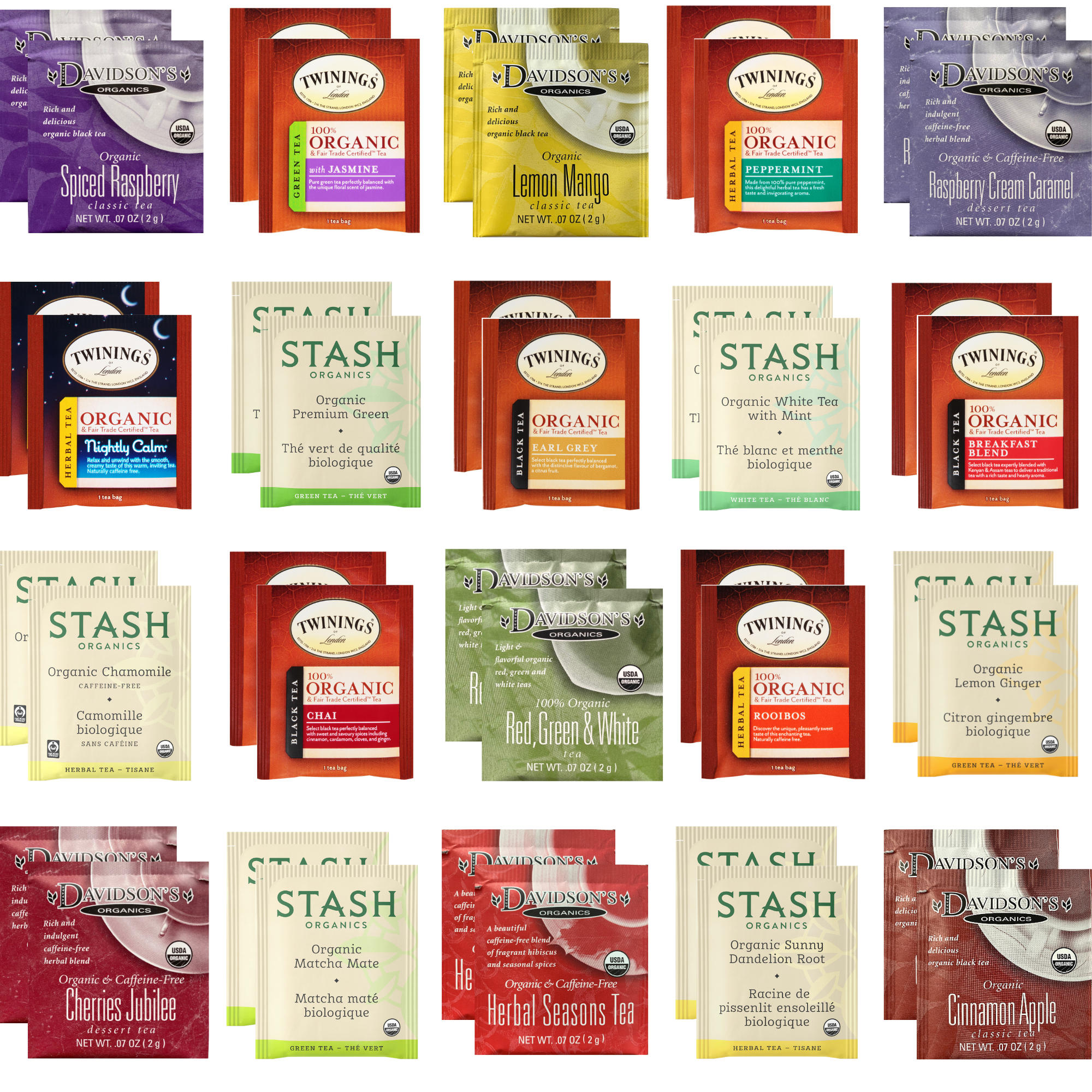 Organic Tea Bags Sampler - Stash, Twinings, Davidsons - 40 Ct, 20 Flavors