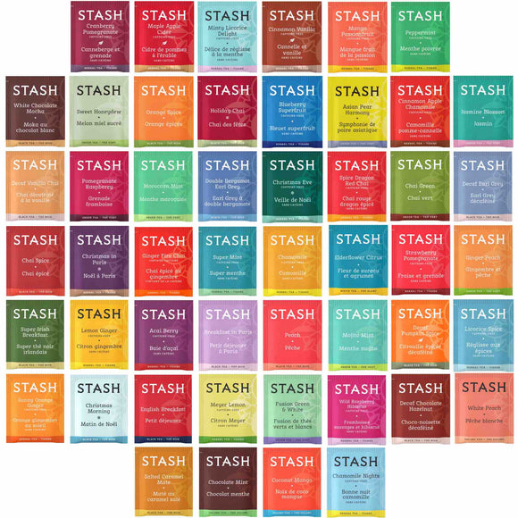 Stash Tea Bags Sampler - Caffeinated, Herbal & Decaf - 50 Ct, 50 Flavors - Gardenika Shop