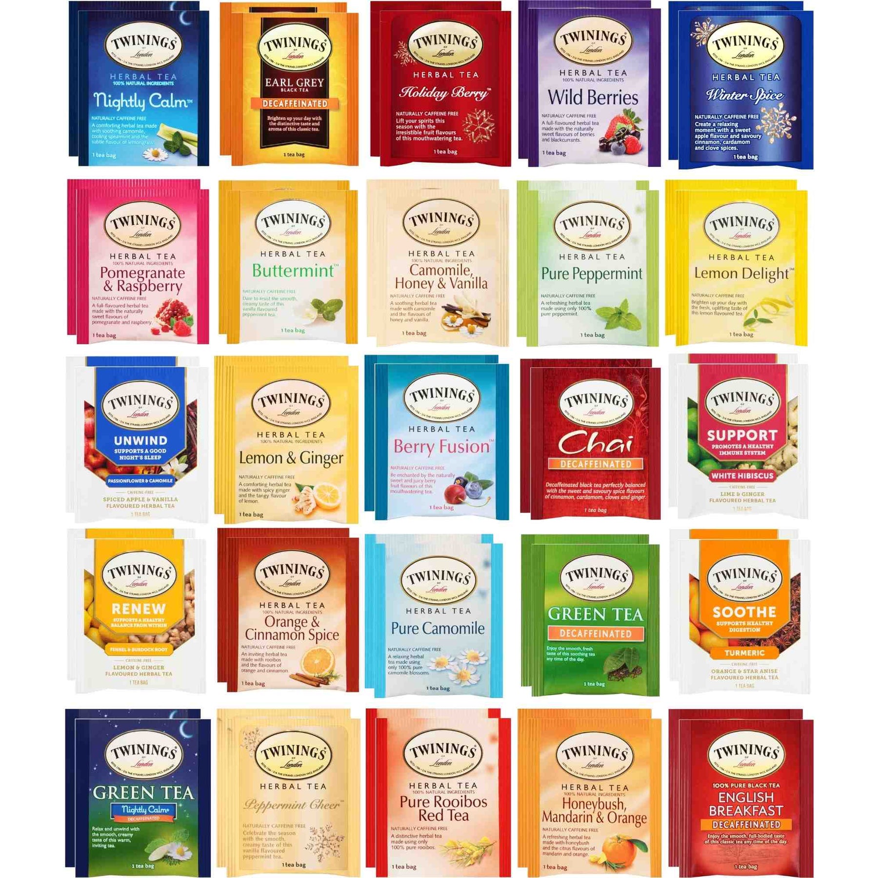 Twinings Herbal and Decaf Tea Bags Gift - Caffeine-Free Assortment - 5 ...