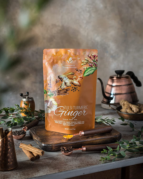 gardenika caffeine free turmeric ginger tulsi loose leaf bulk tea