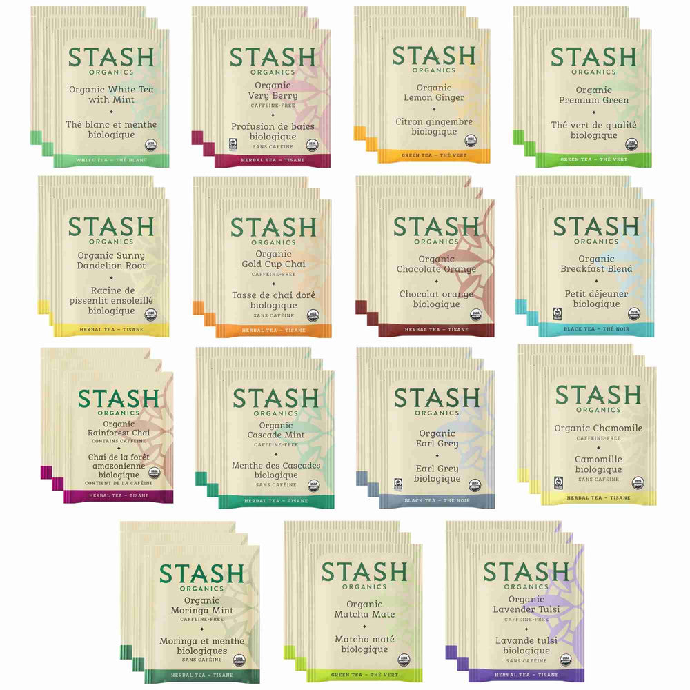 Organic Stash Tea Bags Sampler - Caffeinated and Herbal Set - 45 Ct, 15 Flavors - Gardenika Shop